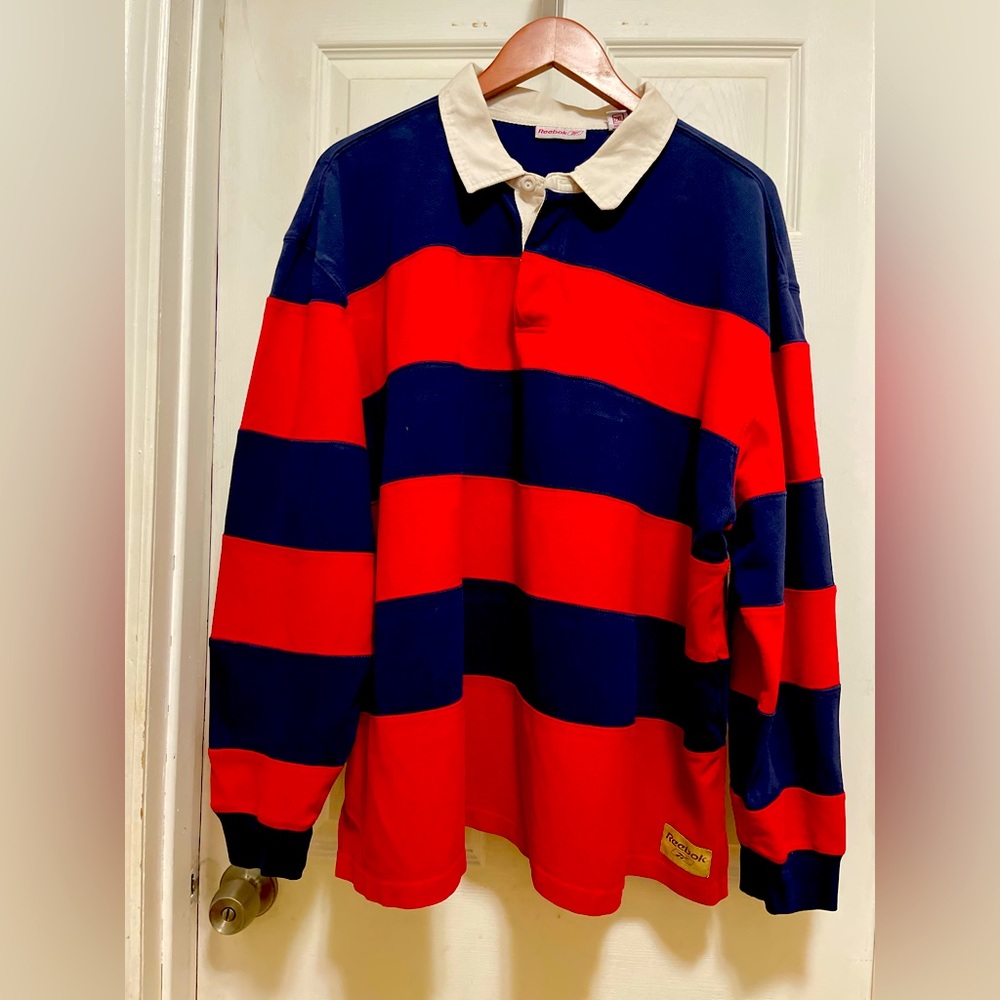 Men’s Reebok vintage rugby blue and red striped polo shirt for big and tall man